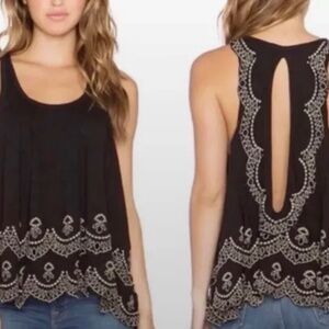 Free People Toosaloosa Slub Attina Crochet Scallop detail Black Tank Top Small